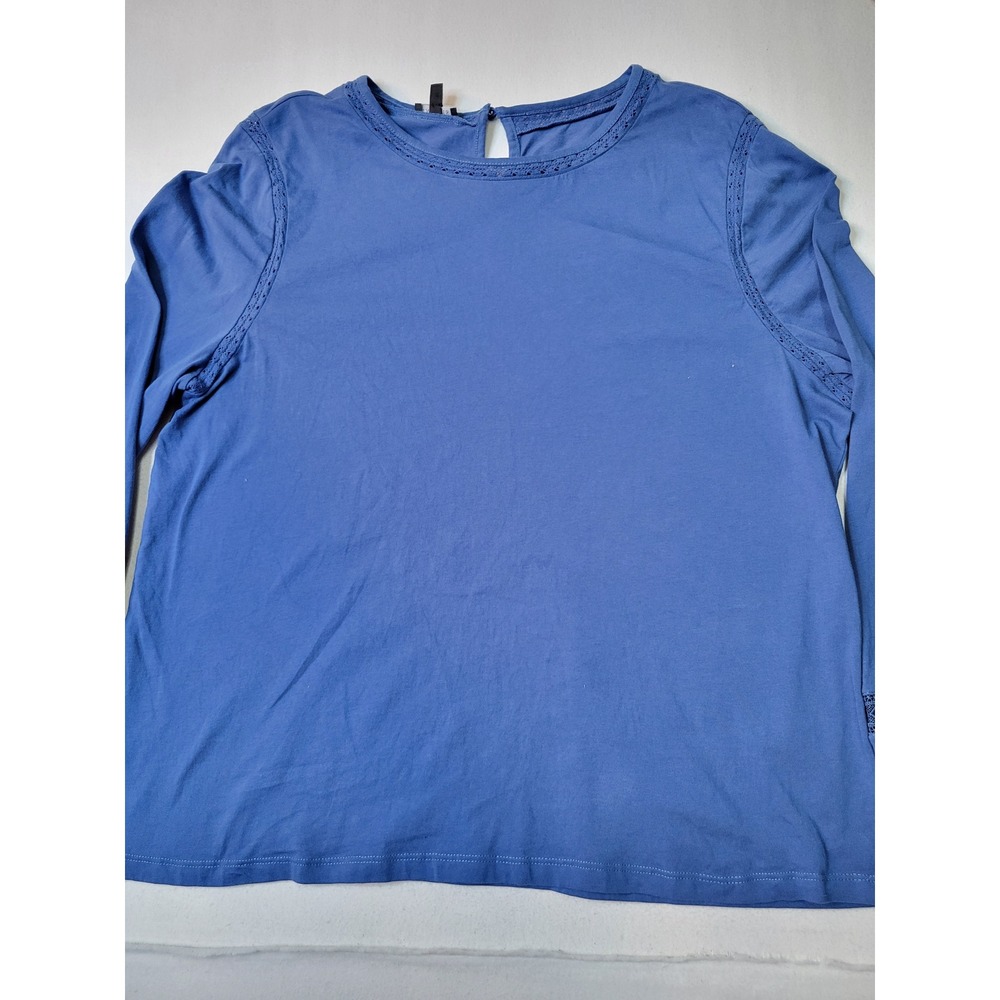 Talbots Blue Eyelet Lace Trim Long Sleeve Knit Top XL Keyhole BalloonSleeve 1727